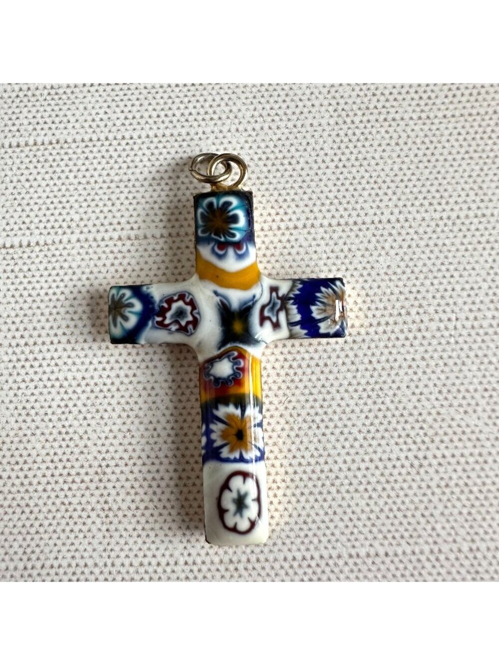 Vintage Murano Millefiori Glass Cross Pendant Gold Tone Setting